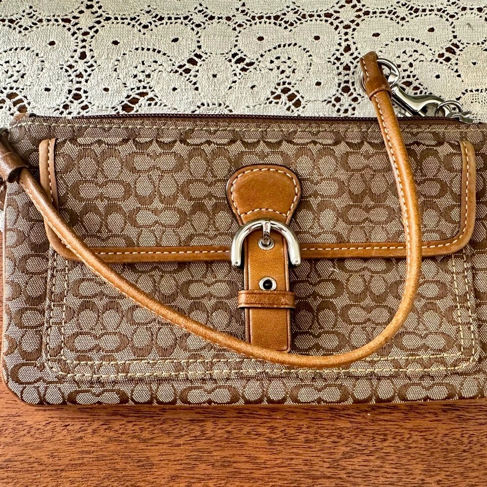 Coach Brown Monogram Wristlet with Leather Trim
